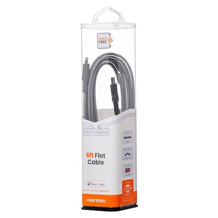 Ventev Chargesync Flat USB C to Apple Lightning Cable 6ft, Gray FC6-GRY256529